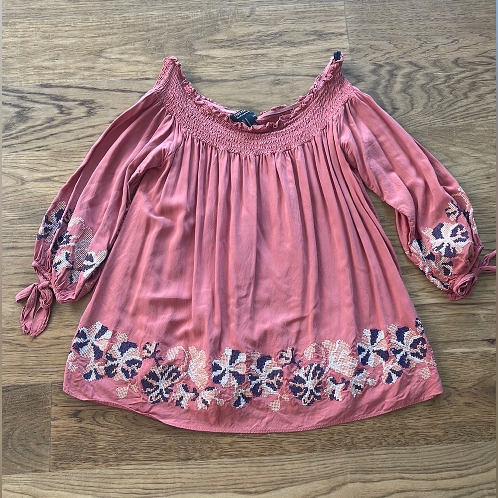 Forever 21 Off the Shoulder Flower Embroidered Shirt